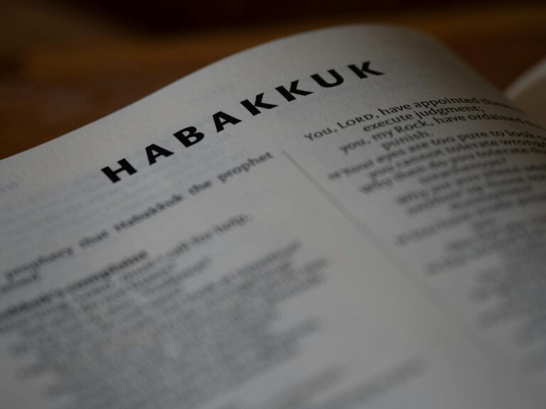 Close-up view of an open Bible showing the book of Habakkuk with blurred background.
